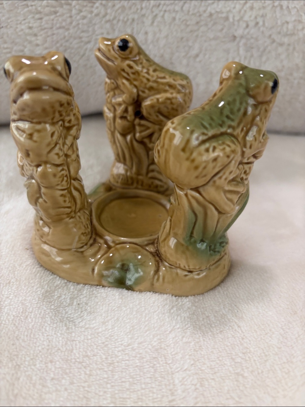 Vintage Ceramic Frog Trio Teal Accents Candle Holder